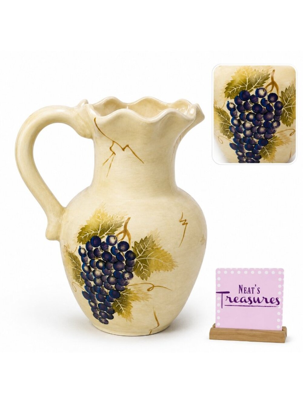 Tabletops CABERNET Rippled Hand Painted Purple Grapes 10"T Flower Pitcher Vase